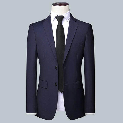 Casual Men's Suit Set Slim Fit For Wedding Occasions navy slim-fit three-piece jacket and vest on mannequin