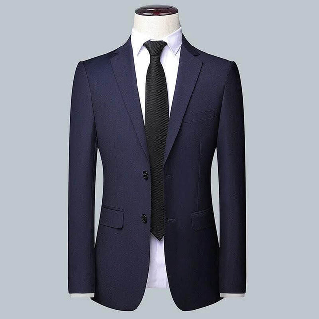 Casual Men's Suit Set Slim Fit For Wedding Occasions navy slim-fit three-piece jacket and vest on mannequin