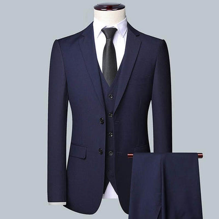 Casual Men's Suit Set Slim Fit For Wedding Occasions - navy three-piece slim-fit jacket vest and pants on mannequin
