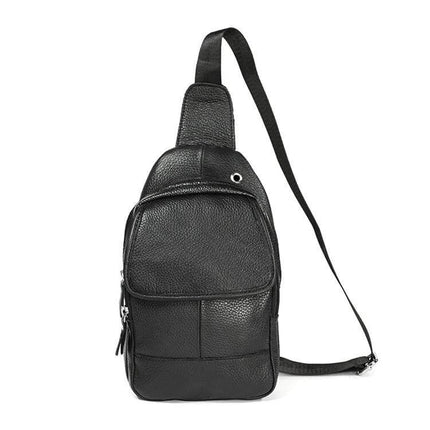 Casual One-Shoulder Crossbody Bag for Men in Full-Grain Cowhide - compact black full-grain cowhide sling bag with front pocket and adjustable strap