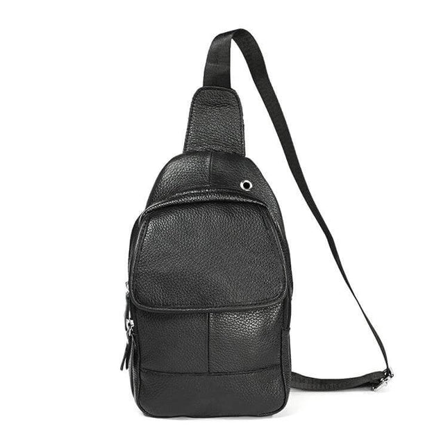 Casual One-Shoulder Crossbody Bag for Men in Full-Grain Cowhide - compact black full-grain cowhide sling bag with front pocket and adjustable strap