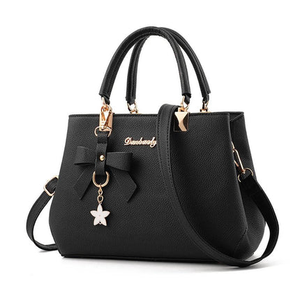 Casual One-Shoulder Litchi Pattern Diagonal Handbag black PU litchi-grain diagonal one-shoulder tote with zipper and bow charm
