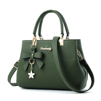 Casual One-Shoulder Litchi Pattern Diagonal Handbag green PU tote with litchi texture, zipper closure, bow charm and adjustable diagonal strap