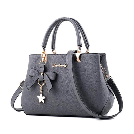 Casual One-Shoulder Litchi Pattern Diagonal Handbag gray PU tote with litchi-grain texture, zipper closure, bow charm and adjustable diagonal shoulder strap