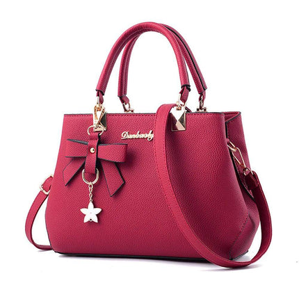 Casual One-Shoulder Litchi Pattern Diagonal Handbag in red PU litchi texture with zipper, bow charm and removable crossbody strap for everyday use