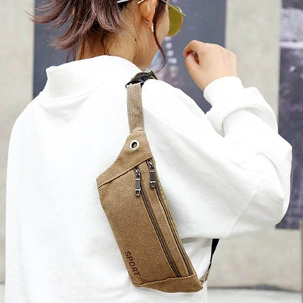 Cavans Multiuse Shoulder Bag For Everyday Travel And Essentials compact brown canvas crossbody on model keeping phone glasses keys accessible