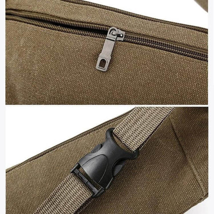 Cavans Multiuse Shoulder Bag For Everyday Travel And Essentials close-up of brown fabric zipper and adjustable strap buckle
