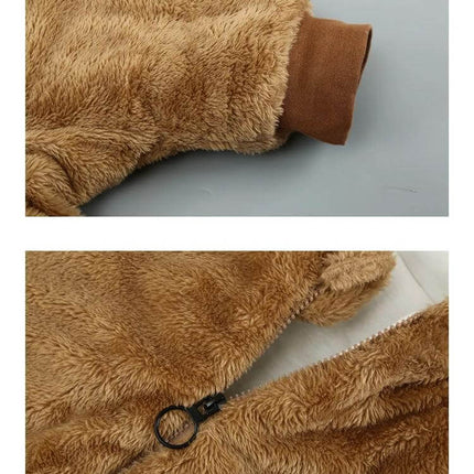 Comfortable Cotton Onesie with Hood for Winter Babies Aged 0-2 Years - soft 95% cotton brown hooded onesie close-up of sleeve cuff and zipper detail