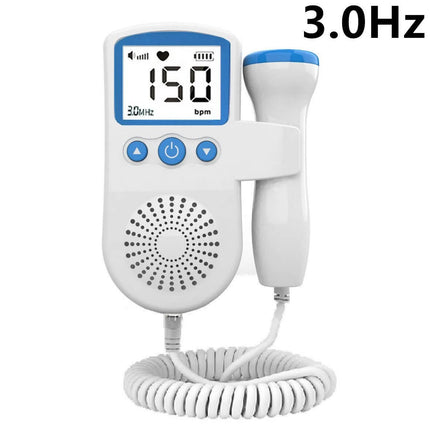 Portable Fetal Heart Rate Monitor for Home Pregnancy Use handheld waterproof doppler showing 150 bpm and probe