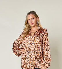 Printed Ruffle Trim Balloon Sleeve Blouse in Full Size