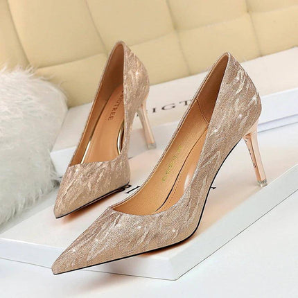 Champagne Sequin Bridal Heels 10.5cm Heel Wedding Shoes - champagne sequin pointed stiletto with subtle waterproof platform for brides