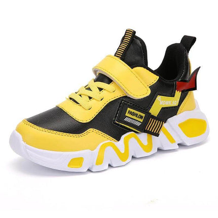 Children's Black Leather Velcro Sneakers For Kids Autumn - yellow and black artificial leather kids' sneaker with single Velcro strap and MD sole