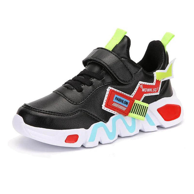 Children's Black Leather Velcro Sneakers For Kids Autumn - black artificial leather kids sneaker with MD sole, single Velcro strap, neon accents, unisex