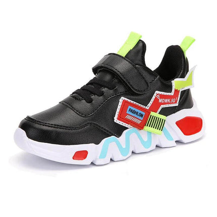 Children's Black Leather Velcro Sneakers For Kids Autumn - kids black faux leather Velcro sneaker with colorful sole, shock-absorbing MD outsole, quick single Velcro