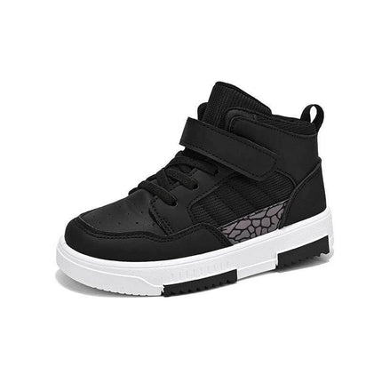 Children's High-Top Sneakers for Everyday Play and School - black synthetic leather kids sneaker with Velcro strap and PVC sole