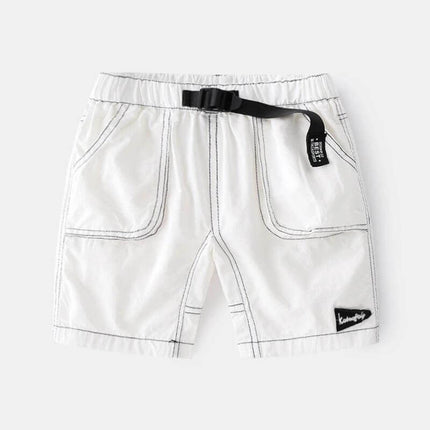 Children's Breathable Cotton Summer Shorts for Playtime - white 100% cotton kids play shorts with elastic waist and black buckle belt