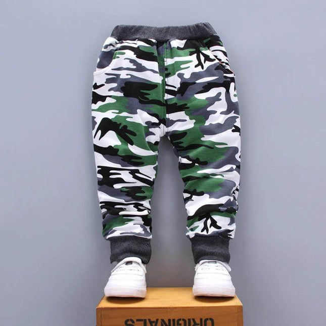 Children's Casual Cotton Sports Pants For Everyday Wear - green camo kids joggers with elastic waistband and rubber-band belt, breathable cotton for play