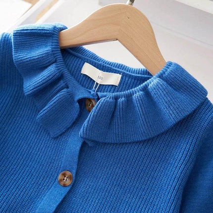 Children's Cozy Sweater Coat For Everyday Wear And Easy Layering - blue cotton knit kids sweater coat with ruffle collar on hanger