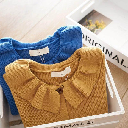 Children's Cozy Sweater Coat For Everyday Wear And Easy Layering - mustard ruffled collar cotton sweater coat neatly folded in tray