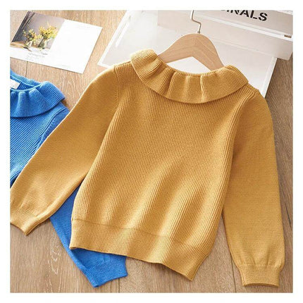 Children's Cozy Sweater Coat For Everyday Wear And Easy Layering - mustard cotton sweater coat with ruffle collar on hanger