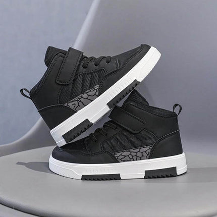 Children's High-Top Sneakers for Everyday Play and School - black synthetic leather high-top with Velcro closures and PVC sole