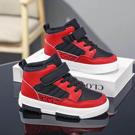 Children's High-Top Sneakers for Everyday Play and School - red black synthetic leather kids high-top with Velcro and PVC sole