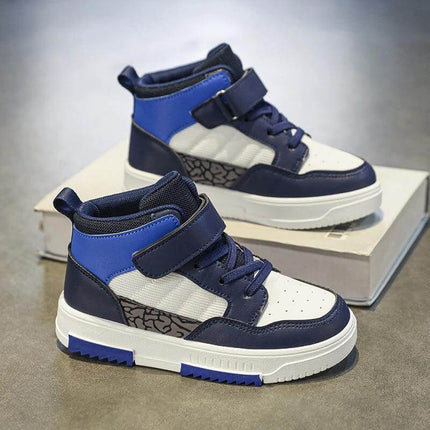 Children's High-Top Sneakers for Everyday Play and School - navy white synthetic leather kids high-top with Velcro closures