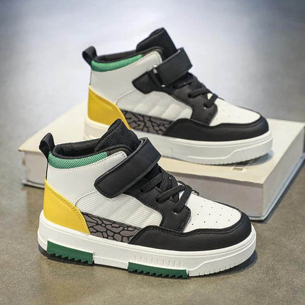 Children's High-Top Sneakers for Everyday Play and School - white black yellow high-top with Velcro and synthetic leather, durable PVC sole