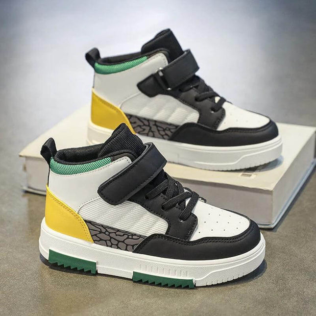 Children's High-Top Sneakers for Everyday Play and School - white black yellow high-top with Velcro and synthetic leather, durable PVC sole