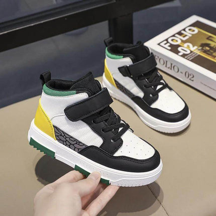 Children's High-Top Sneakers for Everyday Play and School - white black green yellow kids high-top with Velcro, synthetic leather, PVC sole