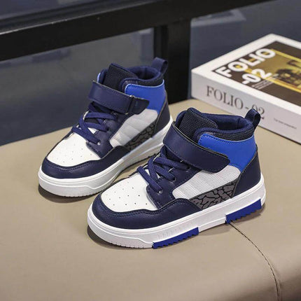 Children's High-Top Sneakers for Everyday Play and School - navy white synthetic leather kids high-top with Velcro closure