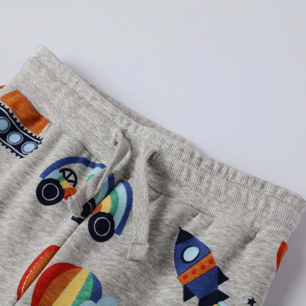 Children's Knitted Trousers With Cartoon Pattern For Everyday Wear 2T to 7T - grey cotton knit pants with colorful cartoon rocket and car print