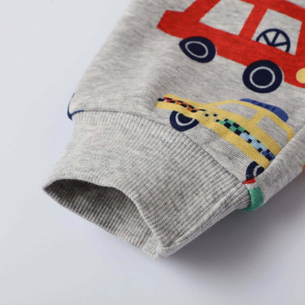 Children's Knitted Trousers With Cartoon Pattern For Everyday Wear 2T to 7T gray cuff close-up showing car print and ribbed cotton knit fabric