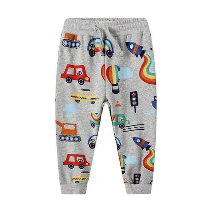 Children's Knitted Trousers With Cartoon Pattern For Everyday Wear 2T to 7T - grey cotton knit pants with colorful car, rocket and hot air balloon prints