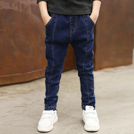 Children's Stretch Denim Trousers, High-Waist, Blue Stripe, 110-160 cm - boy wearing high-waist blue stripe stretch denim trousers with elastic waistband