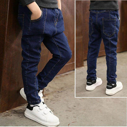 Children's Stretch Denim Trousers, High-Waist, Blue Stripe, 110-160 cm - boys elastic waistband blue stripe denim for school and play