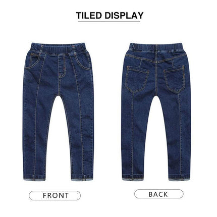Children's Stretch Denim Trousers, High-Waist, Blue Stripe, 110-160 cm - front and back view of boys' elastic waist blue stripe denim pants