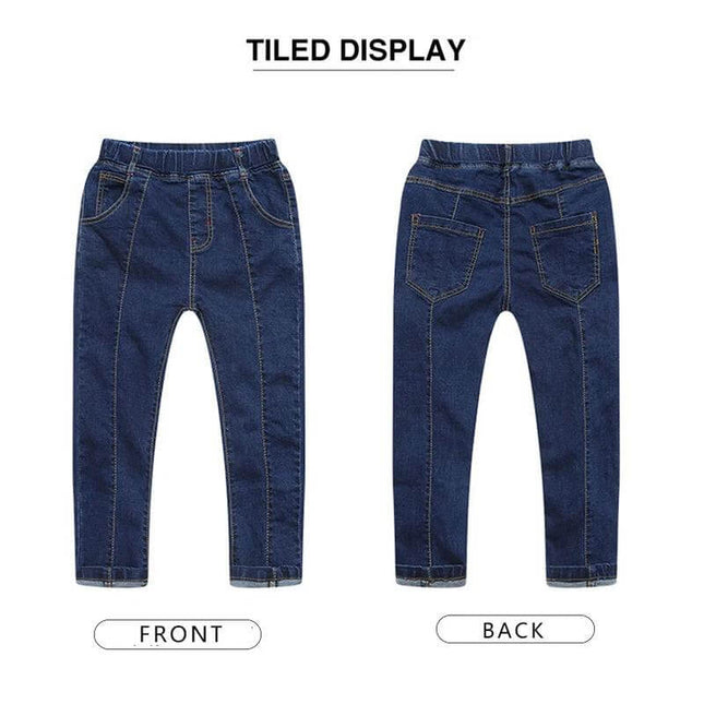 Children's Stretch Denim Trousers, High-Waist, Blue Stripe, 110-160 cm - front and back view of boys' elastic waist blue stripe denim pants