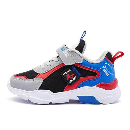 Children's Velcro Leather Sneakers Boys Casual Play Shoes - gray black red blue kids Velcro sneaker with EVA sole for school and playground