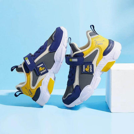 Children's Velcro Leather Sneakers Boys Casual Play Shoes in navy yellow leather with EVA sole and easy Velcro straps for school and playground