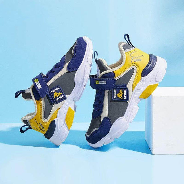 Children's Velcro Leather Sneakers Boys Casual Play Shoes in navy yellow leather with EVA sole and easy Velcro straps for school and playground