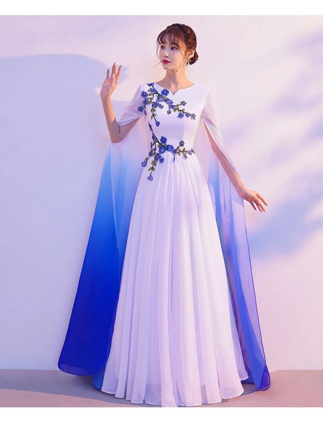 Choral Dress White to Blue Gradient for Performances with U-neck, mid-waist silhouette and flowing gradient cape for choir concerts