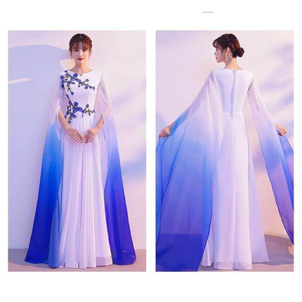 Choral Dress White to Blue Gradient for Performances showing front and back views with flowing gradient cape and U-neck mid-waist silhouette