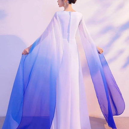 Choral Dress White to Blue Gradient for Performances showing back view with flowing gradient sleeves and U-neck mid-waist silhouette