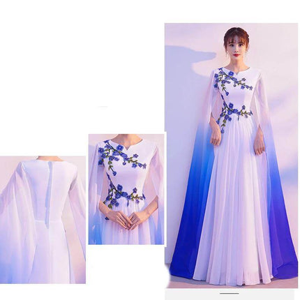 Choral Dress White to Blue Gradient for Performances, long-sleeve U-neck choir gown with floral applique and flowing gradient skirt