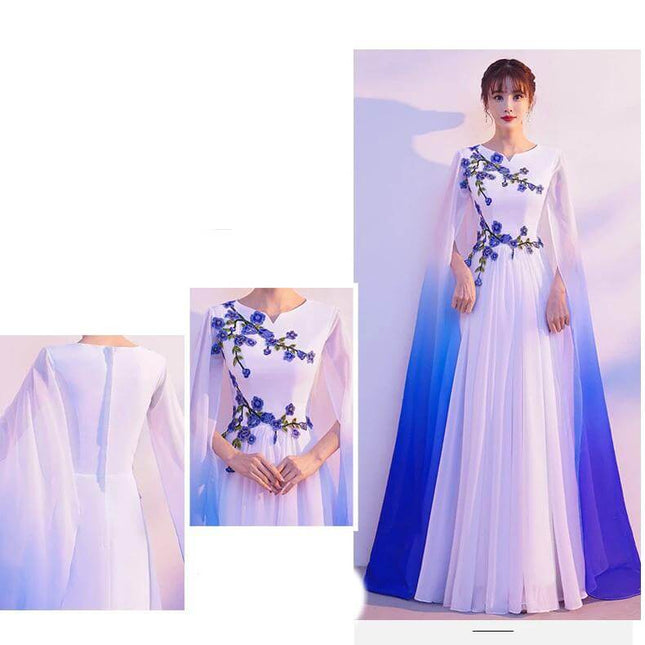 Choral Dress White to Blue Gradient for Performances, long-sleeve U-neck choir gown with floral applique and flowing gradient skirt