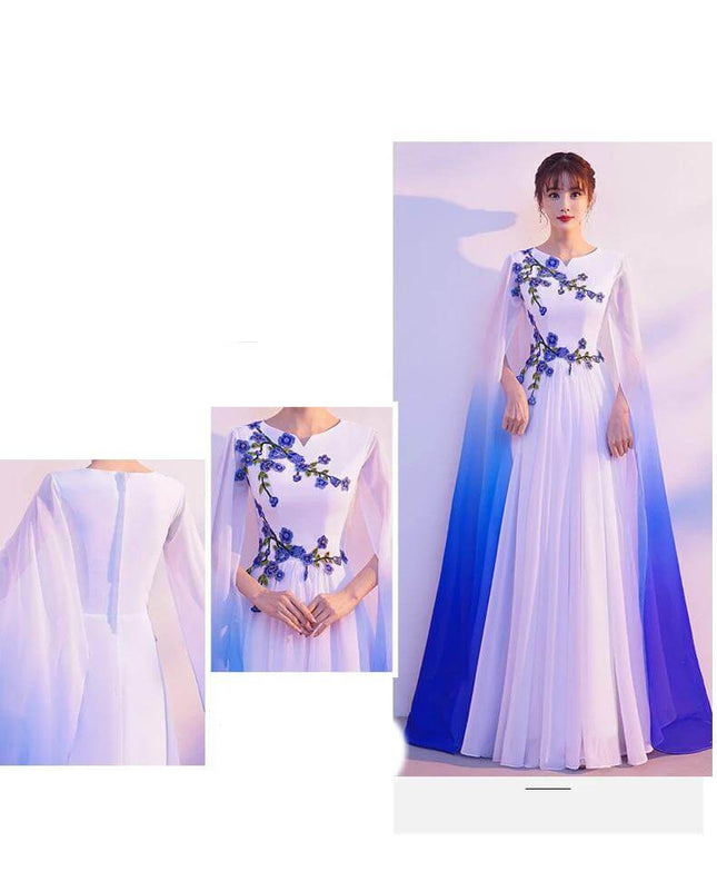 Choral Dress White to Blue Gradient for Performances, long-sleeve U-neck choir gown with floral applique and flowing gradient skirt