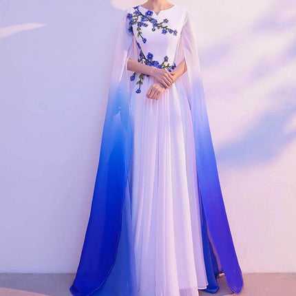 Choral Dress White to Blue Gradient for Performances in flowing cape gown with U-neck and mid-waist silhouette for choir concerts