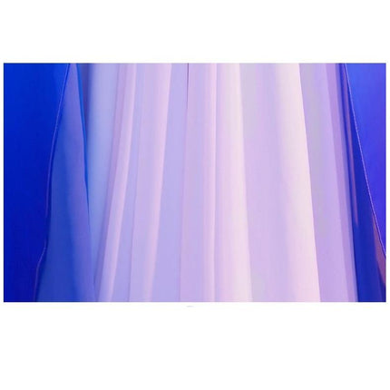 Choral Dress White to Blue Gradient for Performances shown hanging with flowing gradient fabric and U-neck stage silhouette