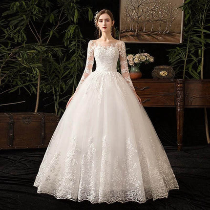 Wedding Dress Long Sleeve For Your Special Day Classic Look - white polyester mid-waist bridal gown with long lace sleeves and full tulle skirt